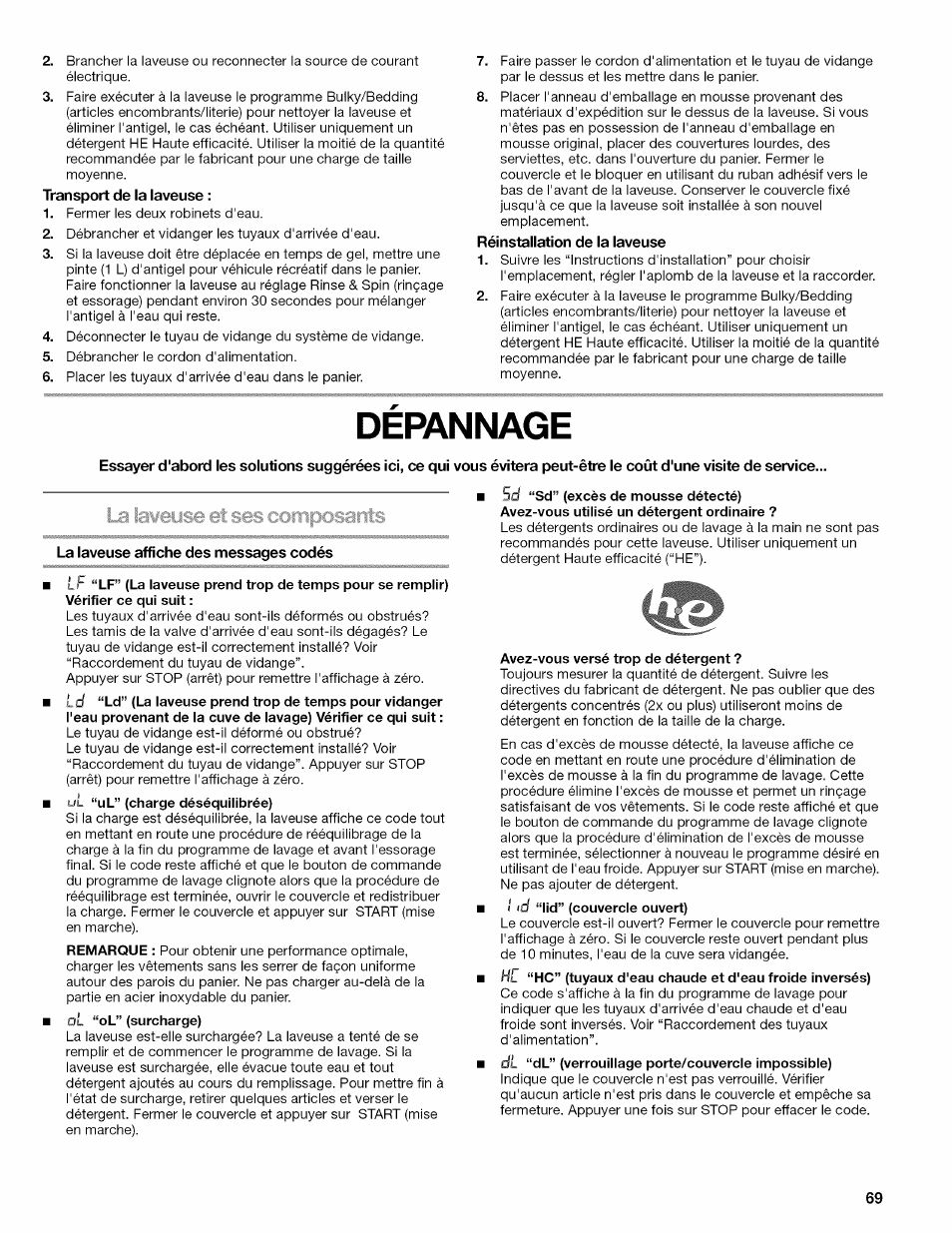 Transport de la laveuse, Réinstallation de la laveuse, Depannage | La laveuse affiche des messages codés, Entretien de la laveuse, Dépannage | Kenmore OASIS 110.2807 User Manual | Page 69 / 76