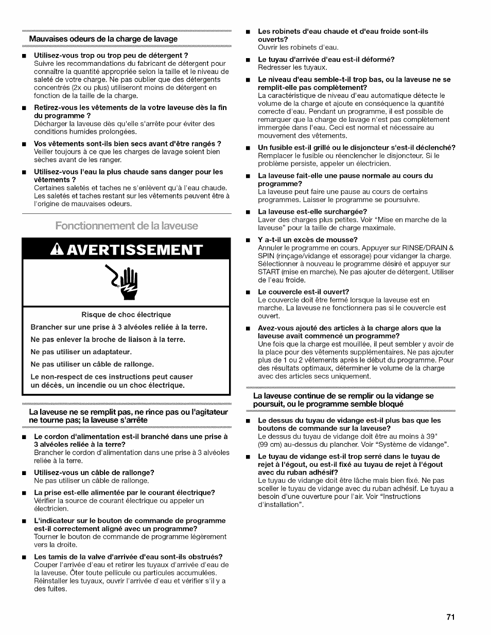 Mauvaises odeurs de la charge de lavage, Avertissement | Kenmore OASIS 110.2807 User Manual | Page 71 / 76