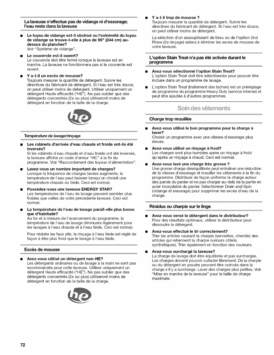 Excès de mousse, Charge trop mouillée, Résidus ou charpie sur le linge | Kenmore OASIS 110.2807 User Manual | Page 72 / 76