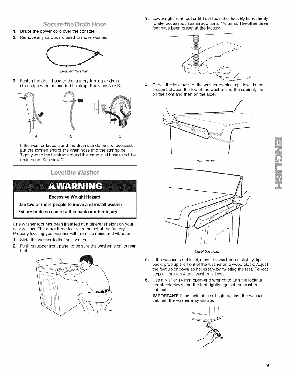 A warning, Le¥el the washer | Kenmore OASIS 110.2807 User Manual | Page 9 / 76