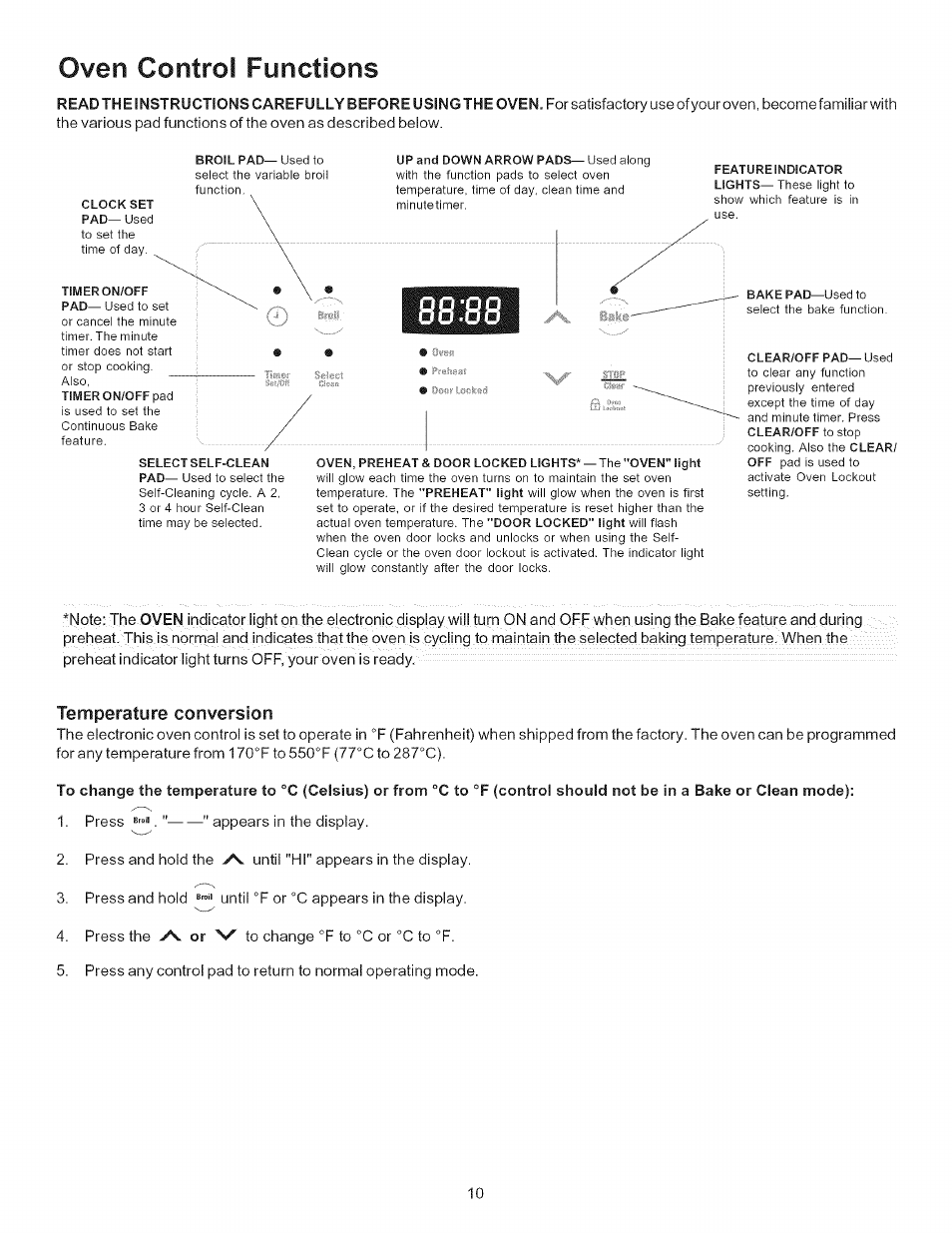 Temperature conversion, Oven control functions | Kenmore 9400* User Manual | Page 10 / 22