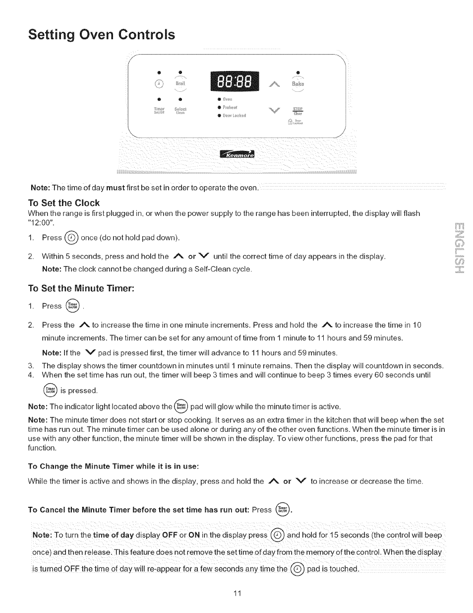 To set the minute timer, To change the minute timer while it is in use, 88se | Setting oven controls | Kenmore 9400* User Manual | Page 11 / 22