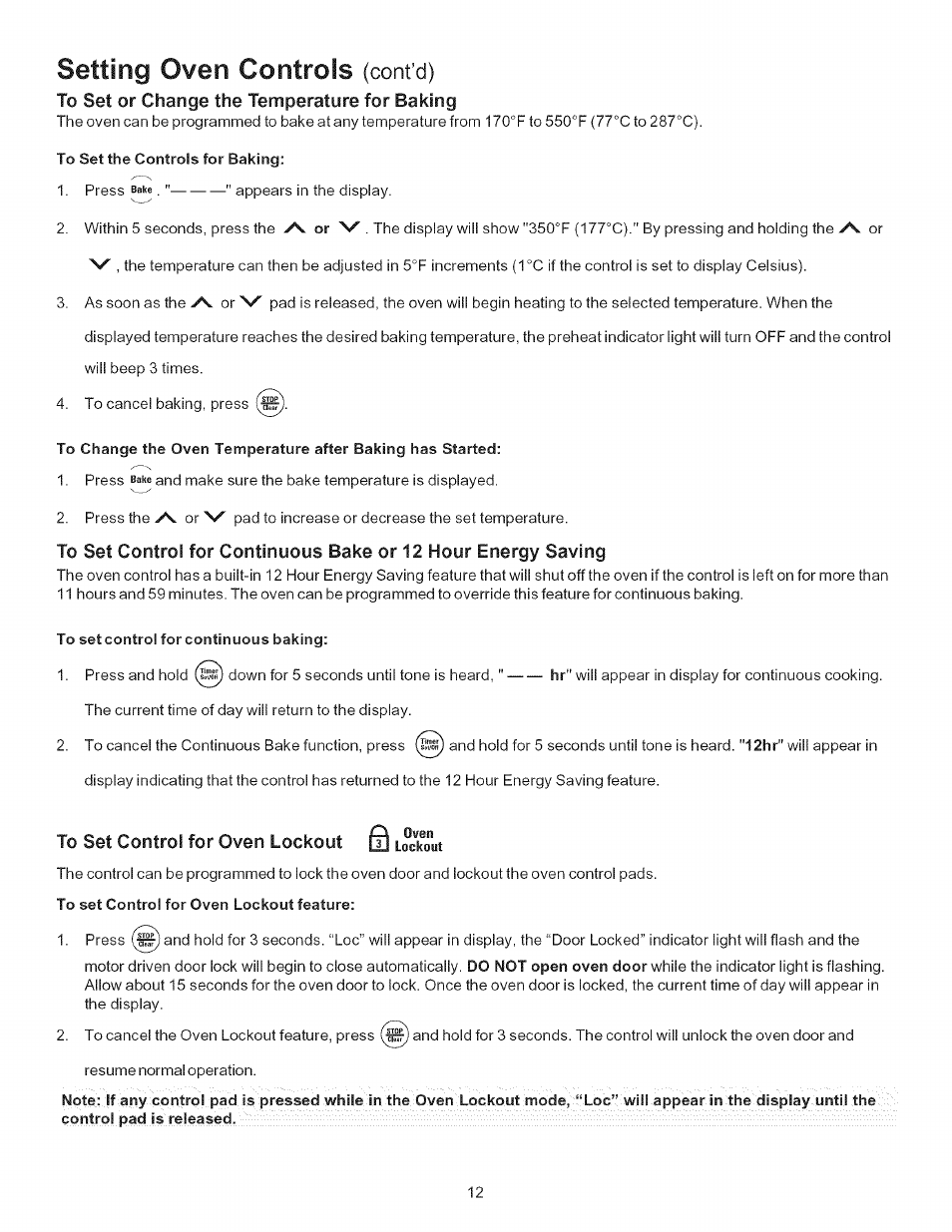 To set control for continuous baking, To set control for oven lockout g lockout, To set control for oven lockout feature | Setting oven controls, Cont’d) | Kenmore 9400* User Manual | Page 12 / 22