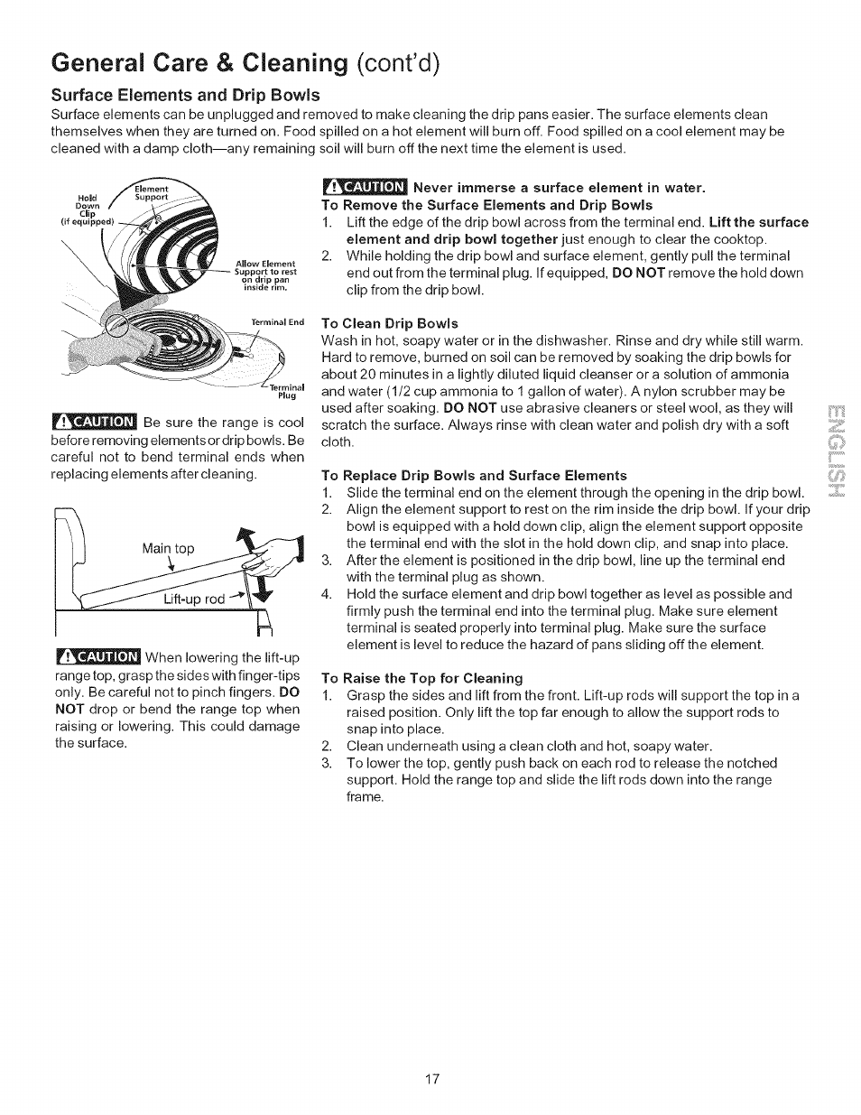 Never immerse a surface element in water, To clean drip bowls, To replace drip bowls and surface elements | To raise the top for cleaning, Generai care & cleaning (cont’d), Surface elements and drip bowls | Kenmore 9400* User Manual | Page 17 / 22