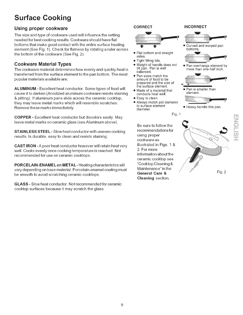 Using proper cookware, Cookware material types, Correct | Incorrect, Surface cooking | Kenmore 9400* User Manual | Page 9 / 22