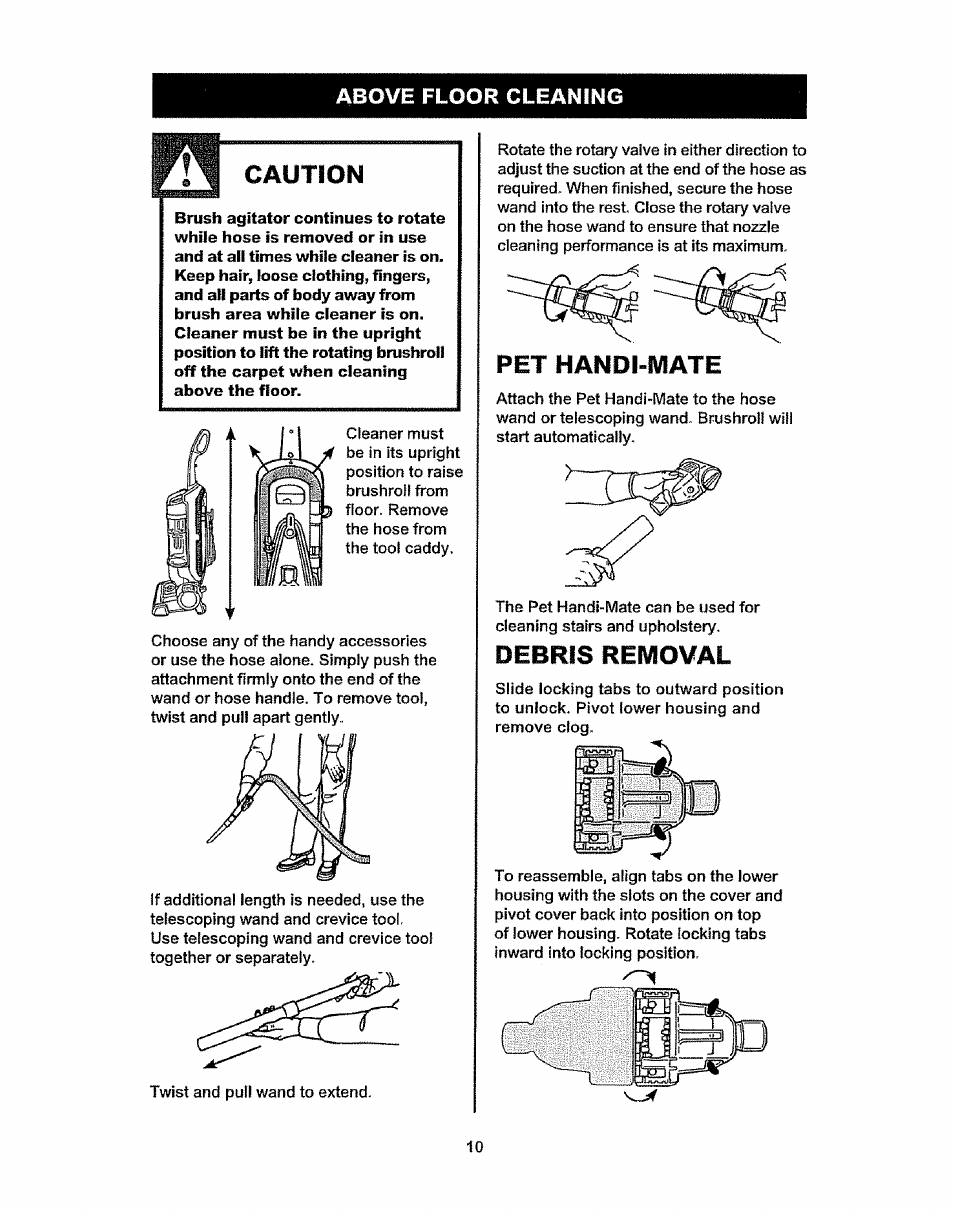 Floor cleaning, Caution, Debris removal | Above floor cleaning, Pet handi-mate | Kenmore 37035 User Manual | Page 10 / 17