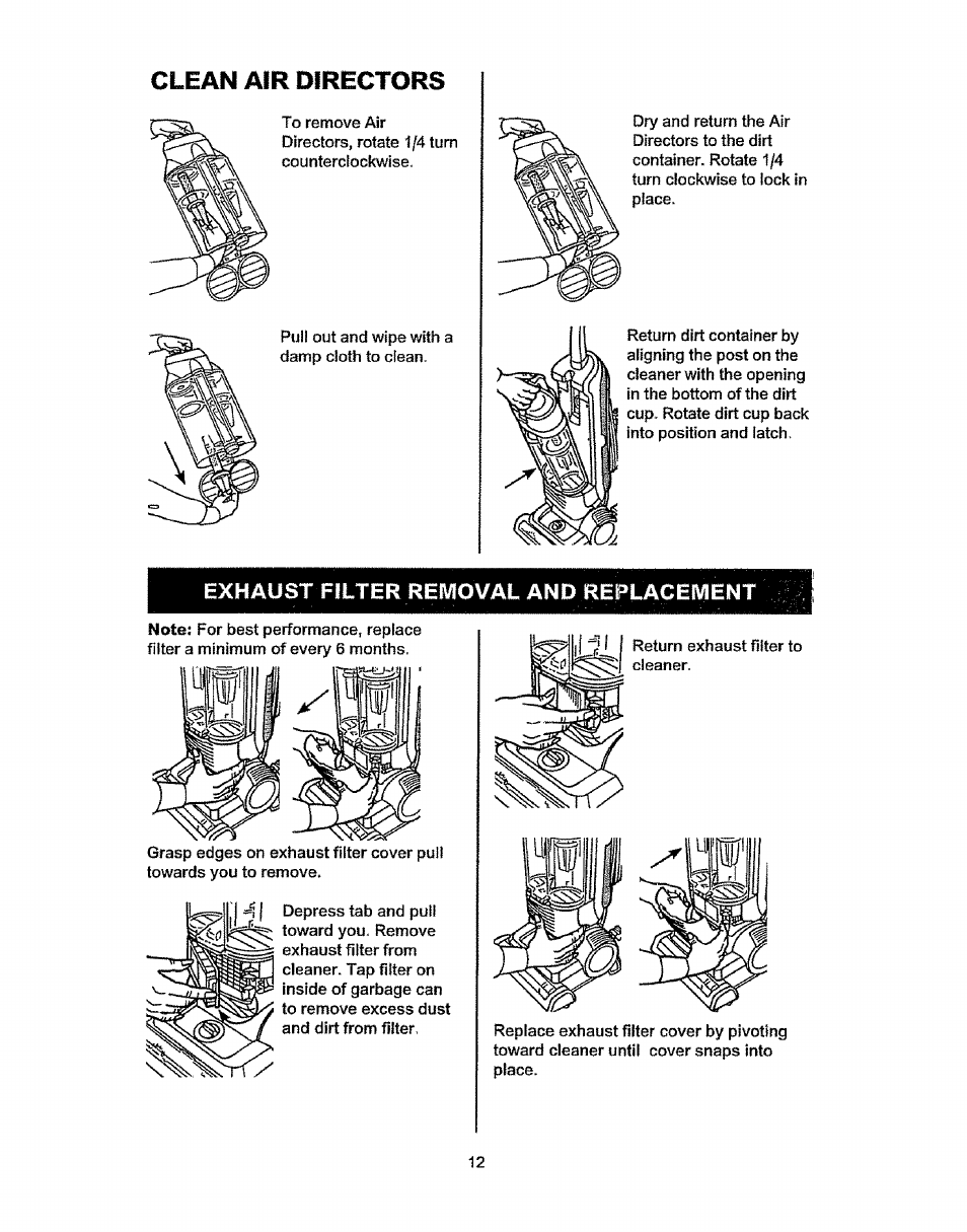 Clean air directors, Exhaust filter f^gj^oval and replacewient | Kenmore 37035 User Manual | Page 12 / 17