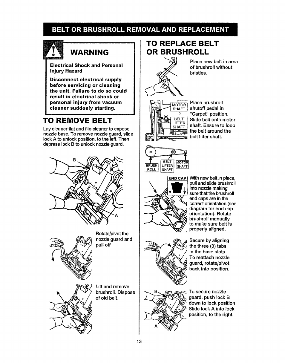 Belt or brushroll removal and replacement, Warning, Electrical shock and personal injury hazard | To remove belt, To replace belt | Kenmore 37035 User Manual | Page 13 / 17