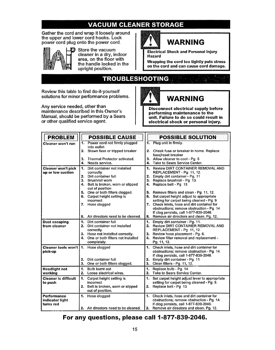 Vacuum cleaner storage, Electrical shock and personal injury hazard, Troubleshooting | For any questions, please call 1-877-839-2046, Warning | Kenmore 37035 User Manual | Page 15 / 17