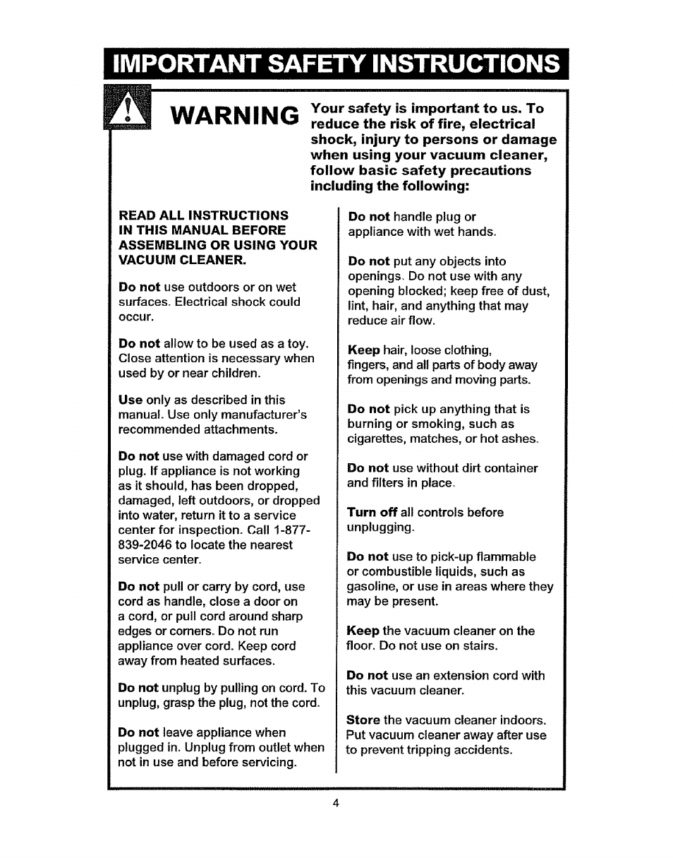 Important safpty instructions, Warning | Kenmore 37035 User Manual | Page 4 / 17