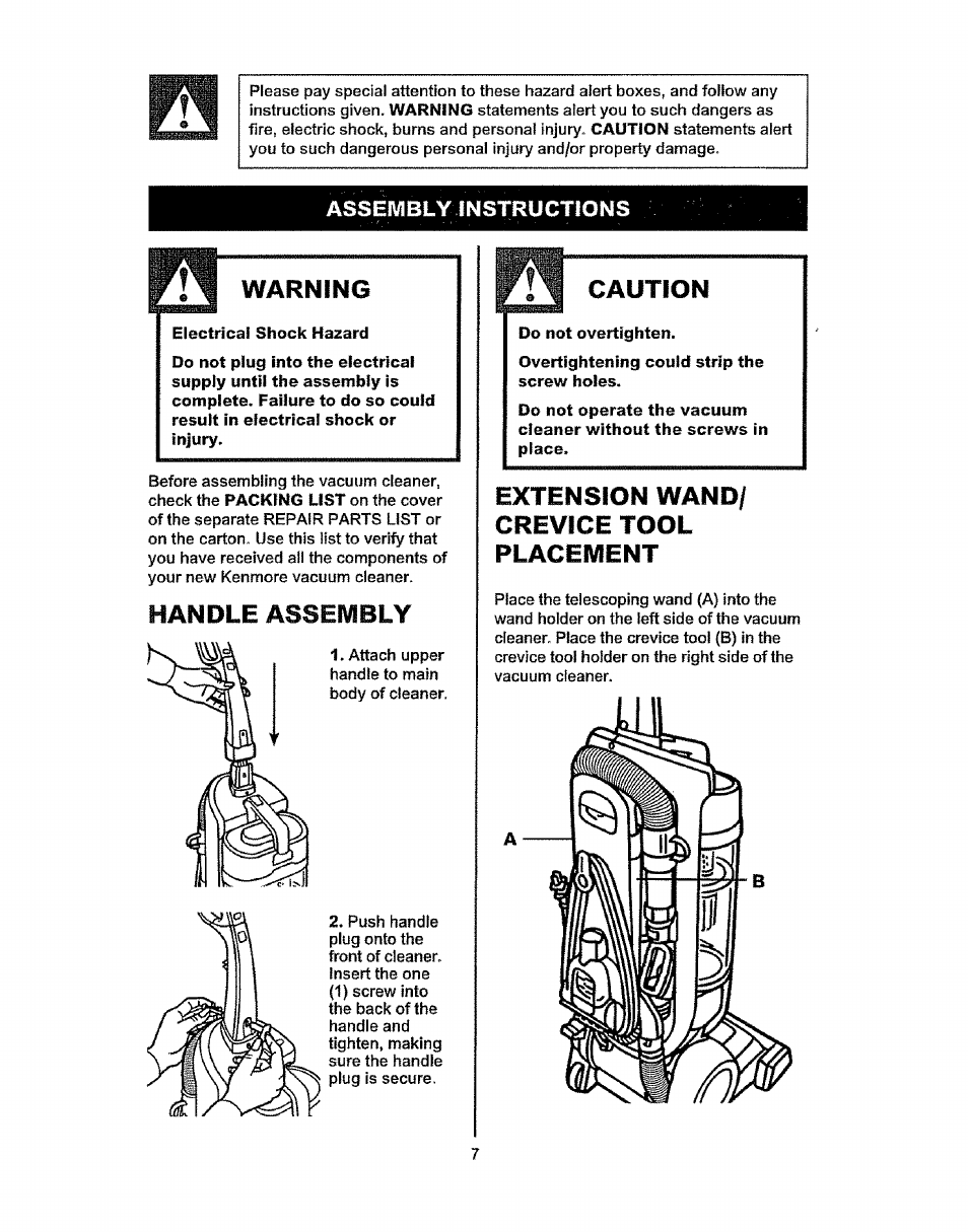 Assembly instructions, Warning, Handle assembly | Caution, Extension wand/ crevice tool placement | Kenmore 37035 User Manual | Page 7 / 17