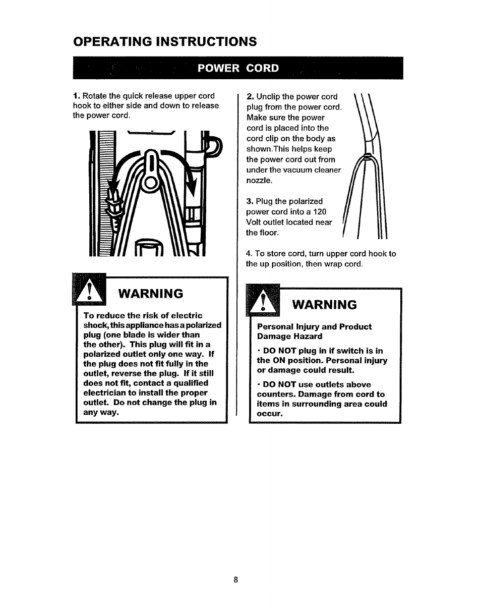 Operating instructions, Power coro, Warning | Operating instructions -10, Power cord | Kenmore 37035 User Manual | Page 8 / 17