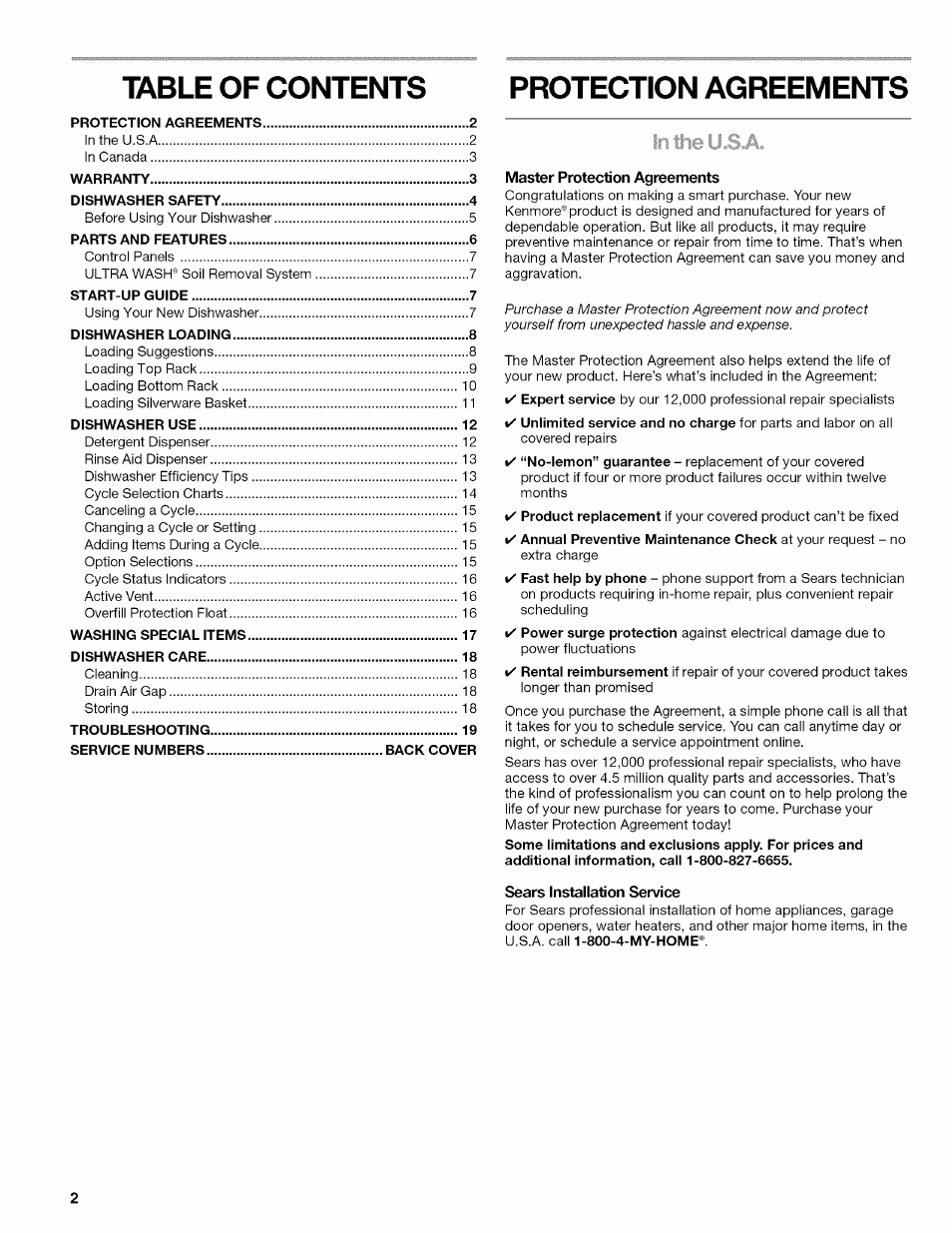 Table of contents protection agreements | Kenmore 665.1703 User Manual | Page 2 / 64