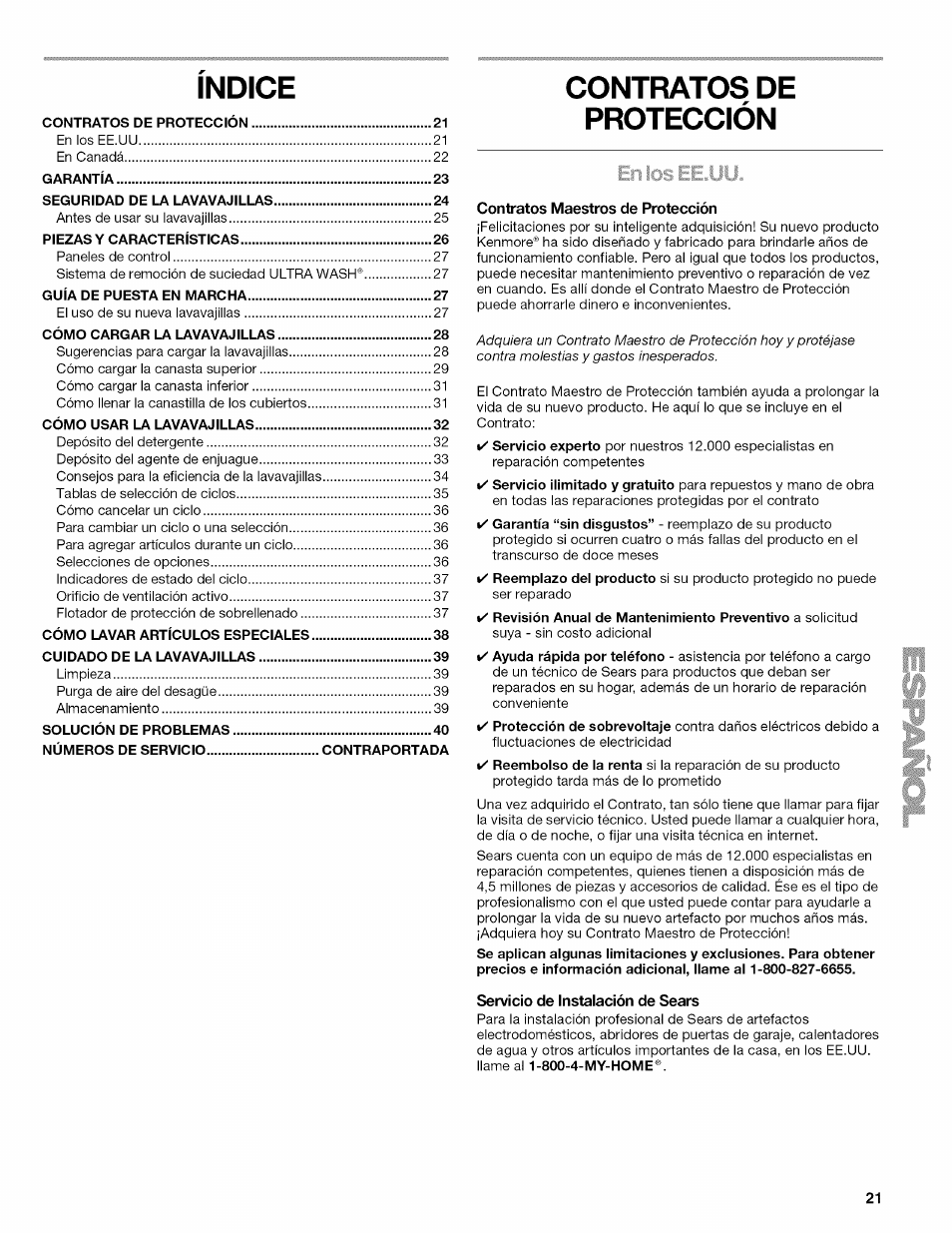 Indice, Contratos de protección, En los ee.uu | Kenmore 665.1703 User Manual | Page 21 / 64