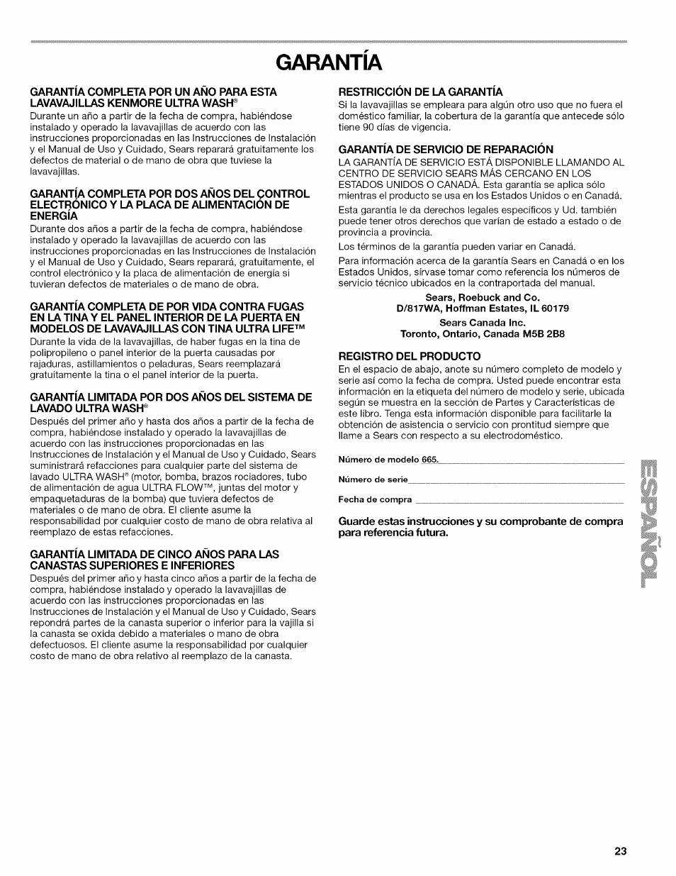 Garantia, Garantía | Kenmore 665.1703 User Manual | Page 23 / 64