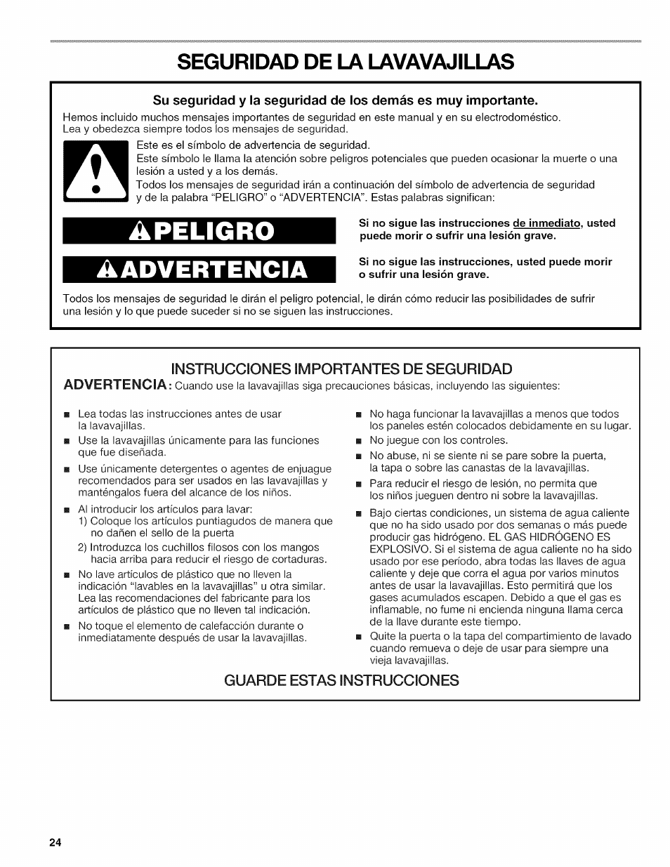 Seguridad de la lavavajillas, Apeligro, Aadvertencia | Apeligro aadvertencia, Guarde estas instrucciones | Kenmore 665.1703 User Manual | Page 24 / 64