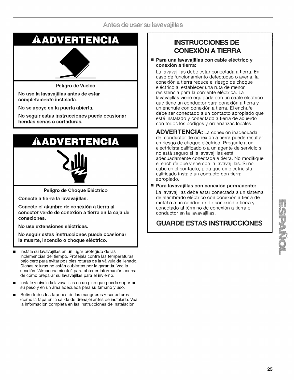 Aadvertencia, Instrucciones de conexión a tierra, Advertencia | Guarde estas instrucciones | Kenmore 665.1703 User Manual | Page 25 / 64