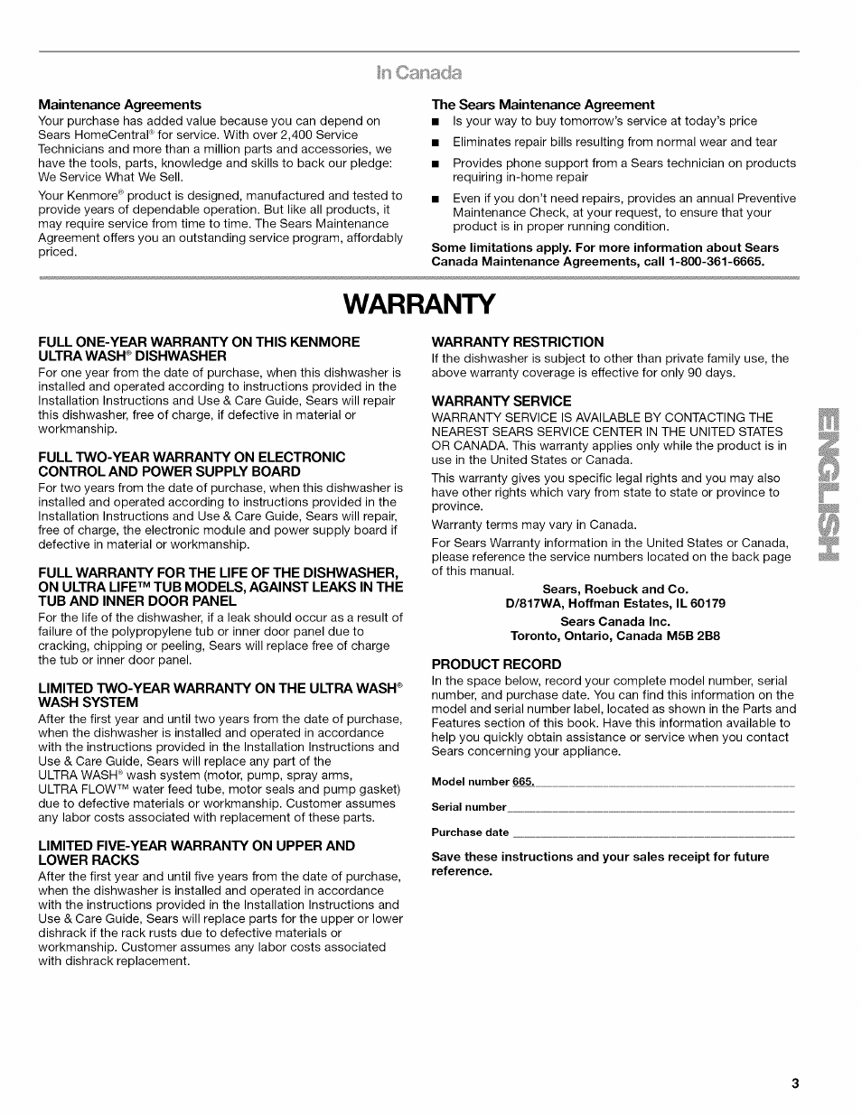 Warranty | Kenmore 665.1703 User Manual | Page 3 / 64