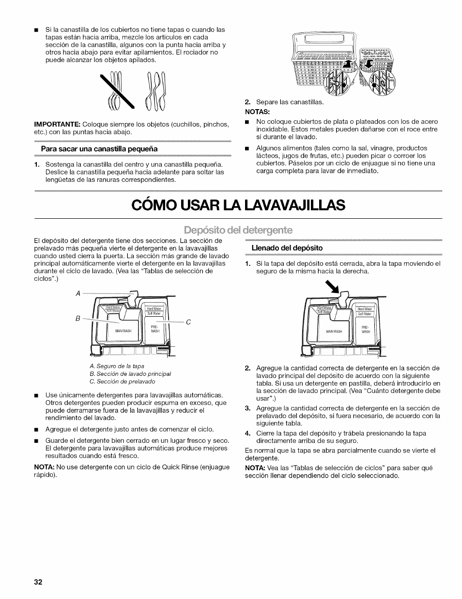 Como usar la lavavajillas, Cómo usar la lavavajillas | Kenmore 665.1703 User Manual | Page 32 / 64