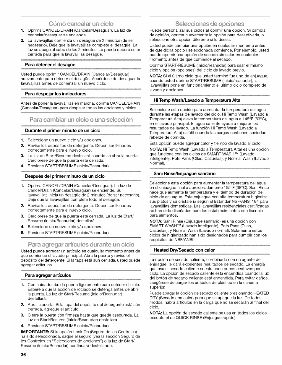 Yerno cancelar un, Opciones, Ciclo heieccioms ae | Kenmore 665.1703 User Manual | Page 36 / 64