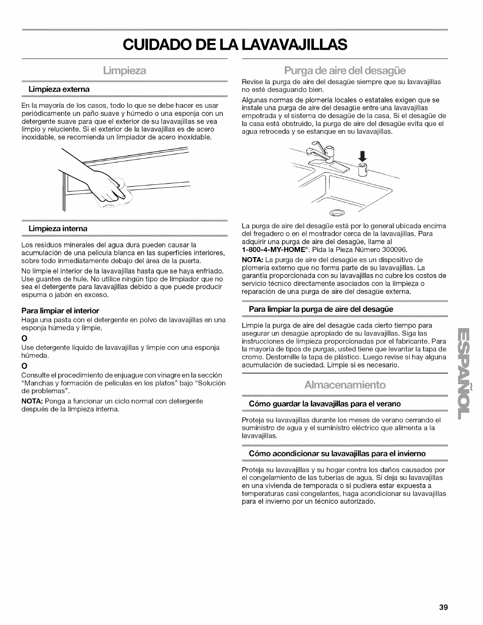 Cuidado de la lavavajillas | Kenmore 665.1703 User Manual | Page 39 / 64