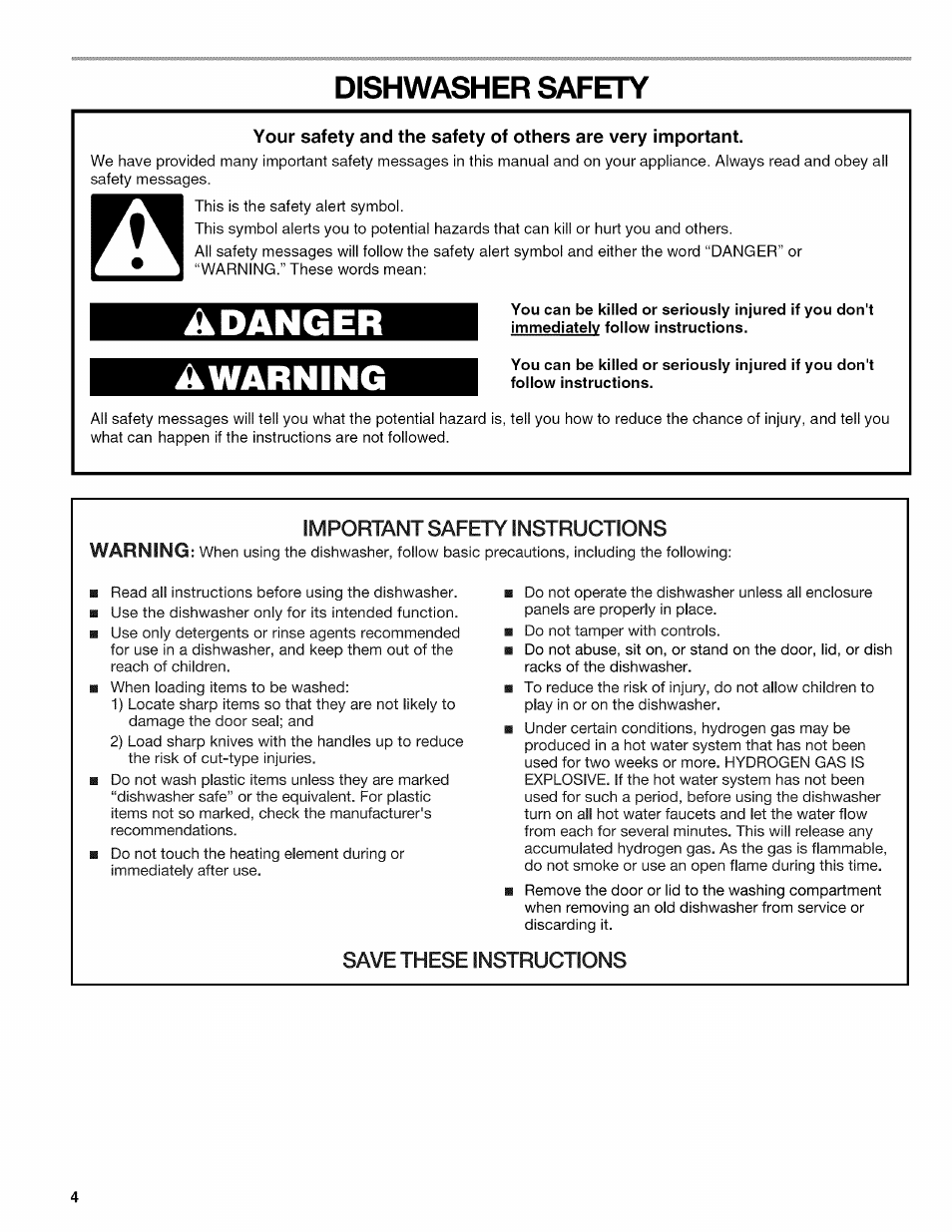 Dishwasher safety, Adanger, Awarning | Important safety instructions, Save these instructions | Kenmore 665.1703 User Manual | Page 4 / 64