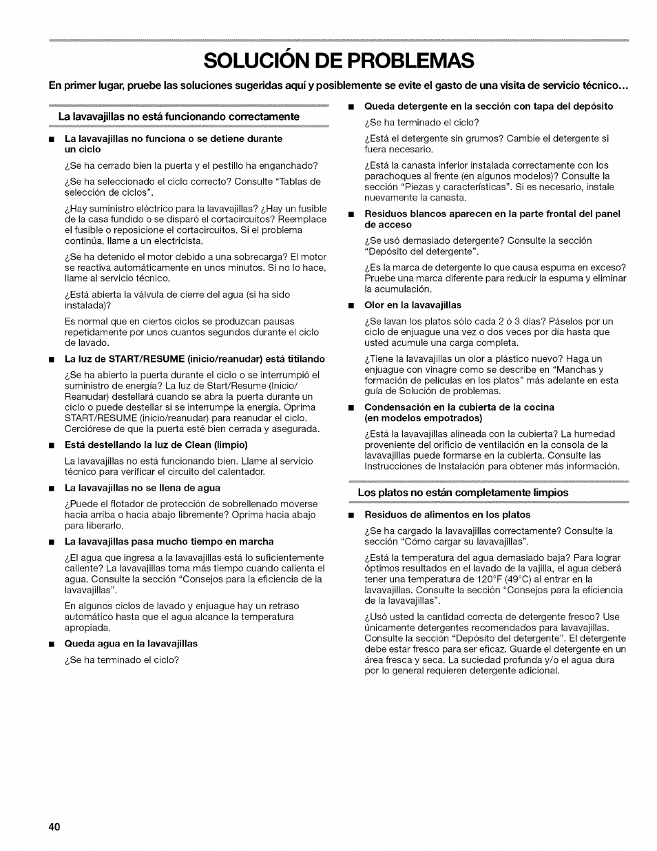 Solucion de problemas, Solución de problemas | Kenmore 665.1703 User Manual | Page 40 / 64