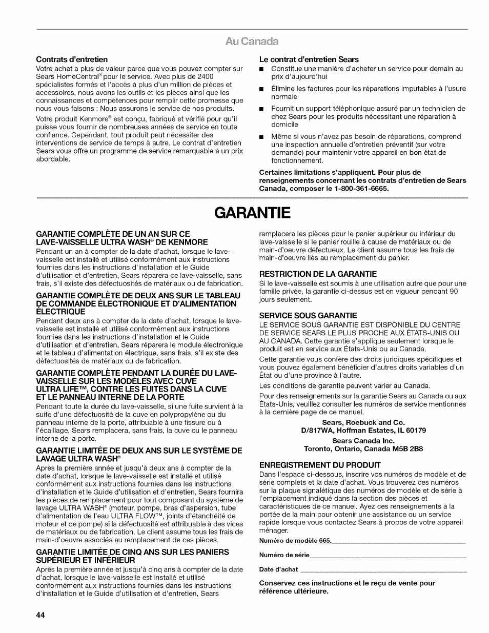 Garantie | Kenmore 665.1703 User Manual | Page 44 / 64