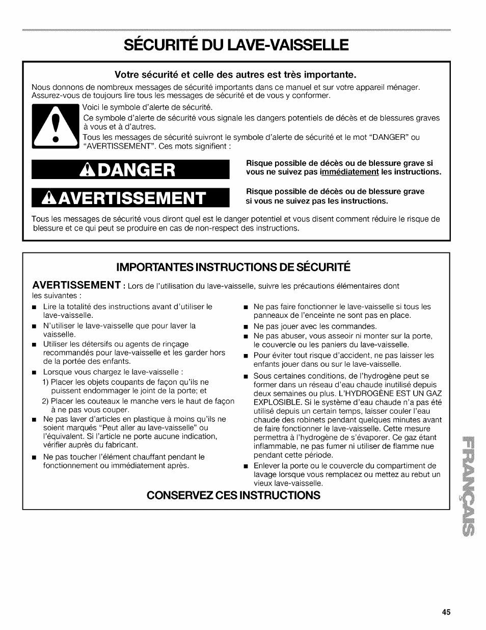 Securite du lave-vaisselle, Adanger, Importantes instructions de securite | Conservez ces instructions, Sécurité du lave-vaisselle, Avertissement | Kenmore 665.1703 User Manual | Page 45 / 64