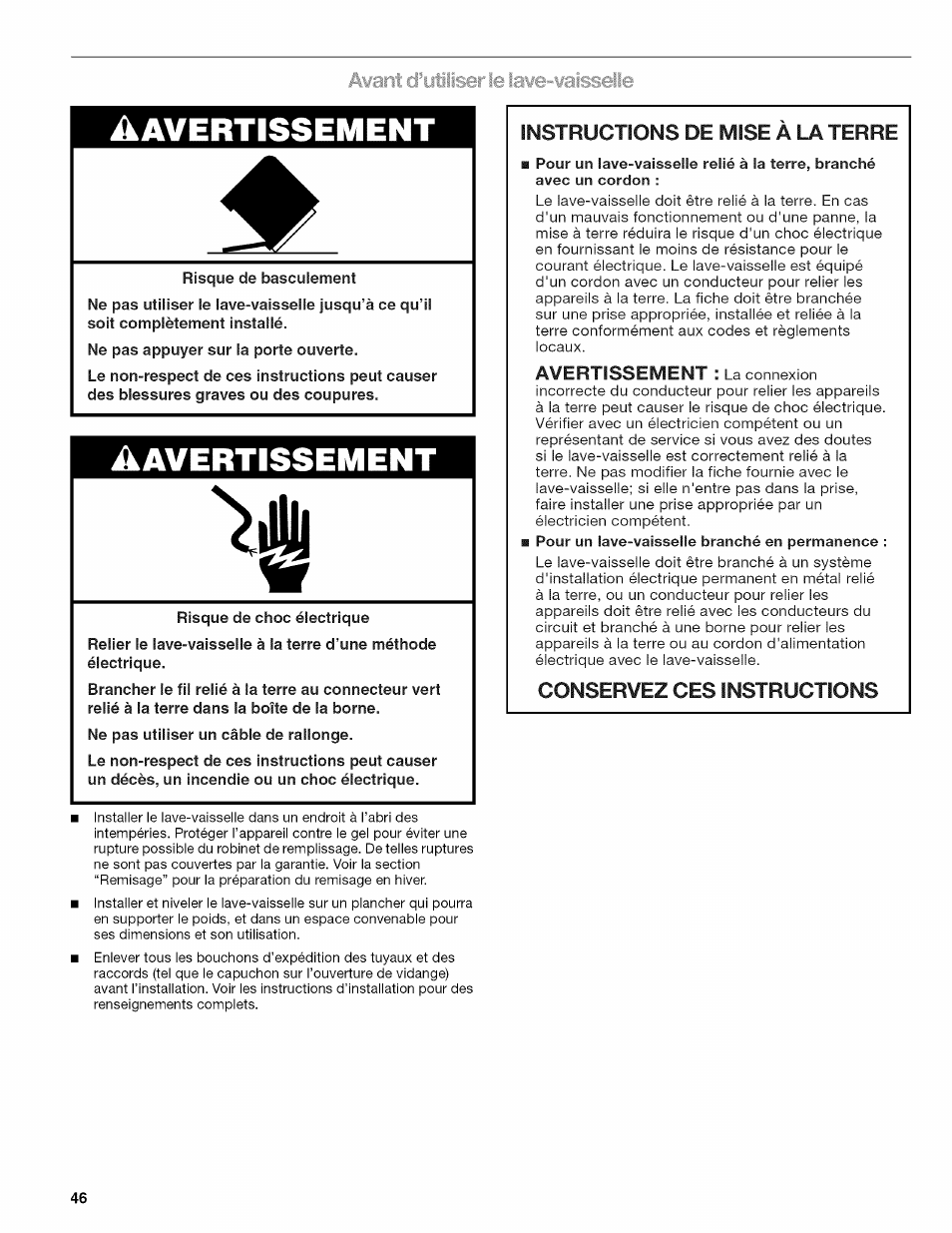 Avertissement, Instructions de mise a la terre, Conservez ces instructions | Kenmore 665.1703 User Manual | Page 46 / 64