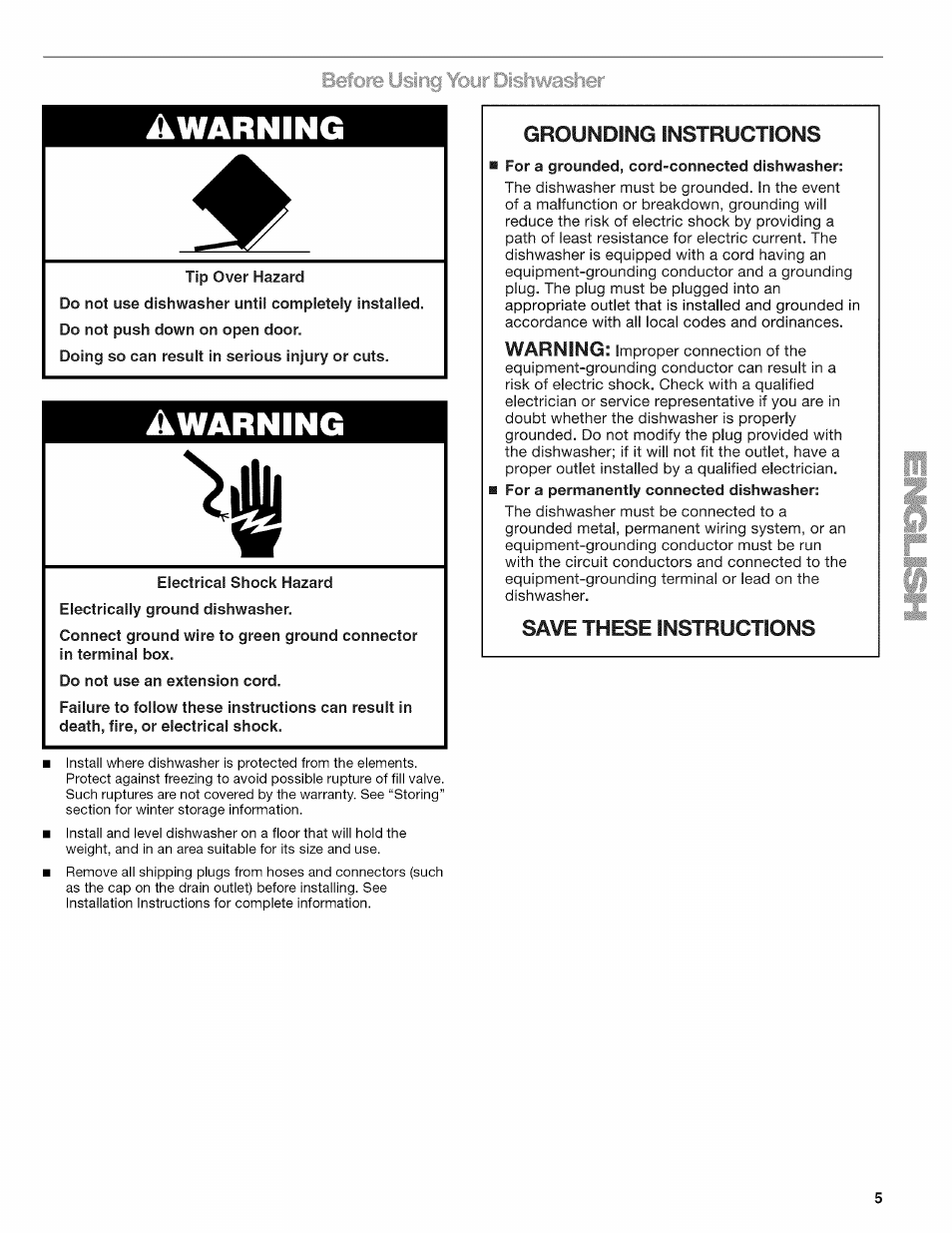 Awarning, Ihwasher, Grounding instructions | Save these instructions | Kenmore 665.1703 User Manual | Page 5 / 64