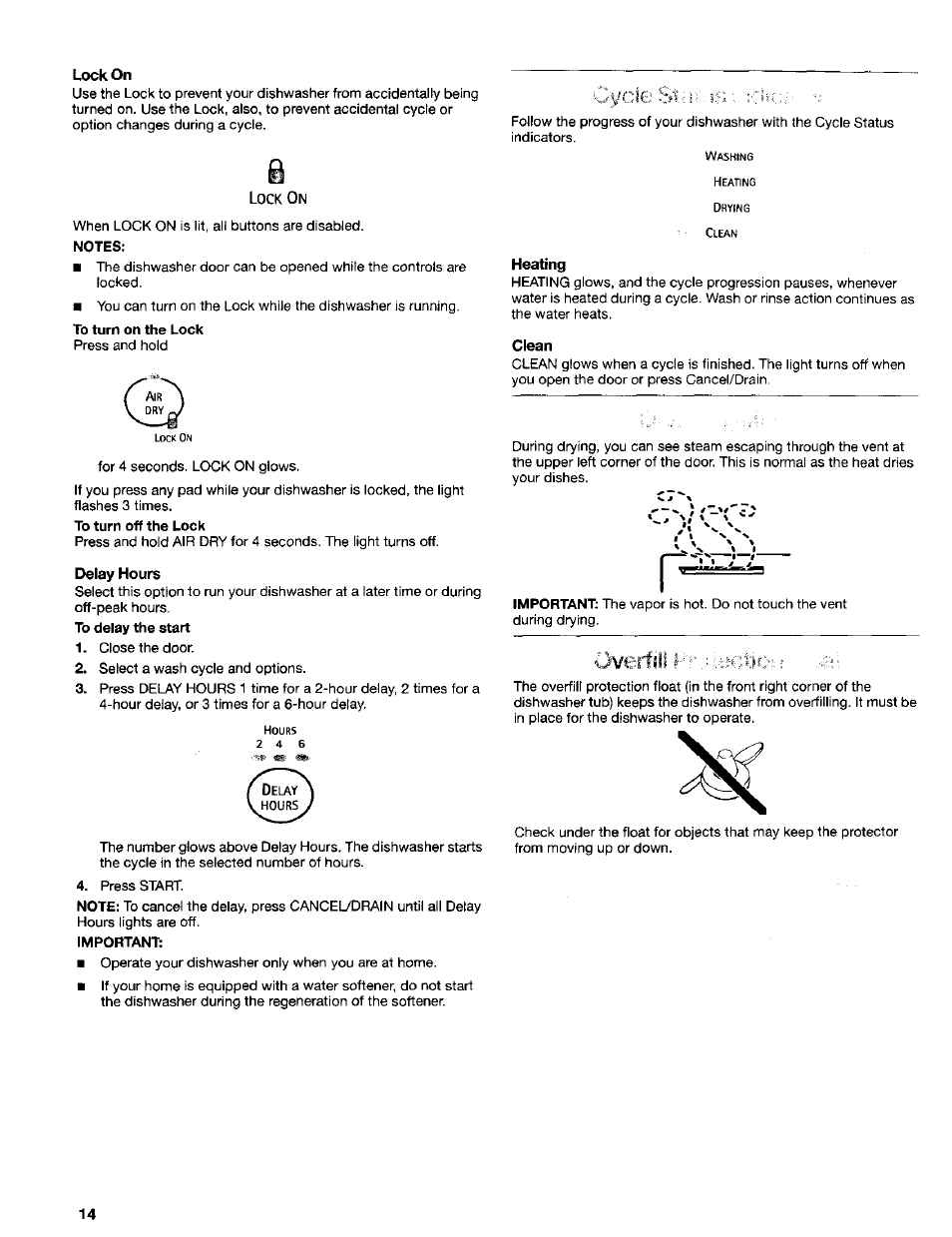 Lock on, Delay hours, Heating | Clean | Kenmore 665.16714 User Manual | Page 14 / 19