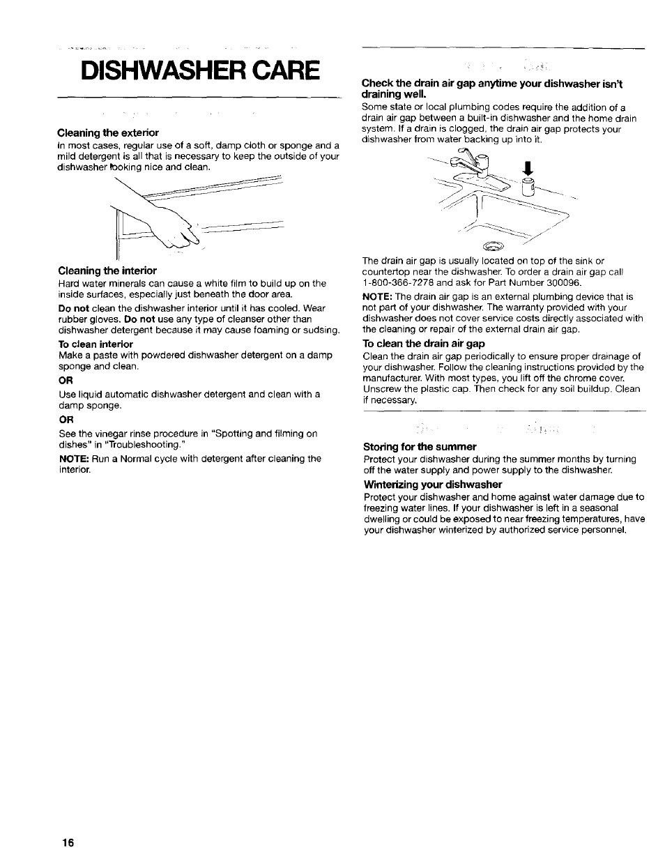 Dishwasher care, Cleaning the exterior, Cleaning the interior | Storing for the summer | Kenmore 665.16714 User Manual | Page 16 / 19