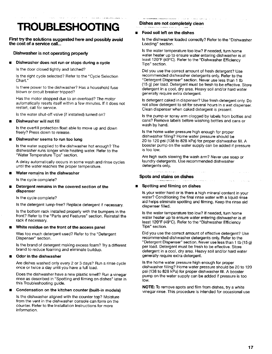 Troubleshcdoting, Dishwasher is not operating properly | Kenmore 665.16714 User Manual | Page 17 / 19