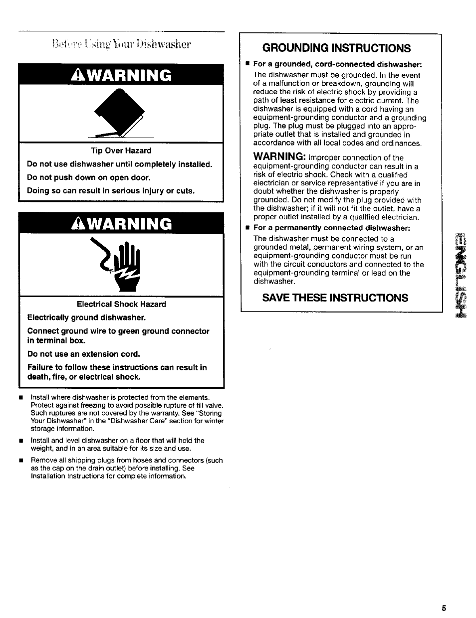 Tip over hazard, Eiectricai shock hazard, Do not use an extension cord | Warning, Grounding instructions, Save these instructions | Kenmore 665.16714 User Manual | Page 5 / 19