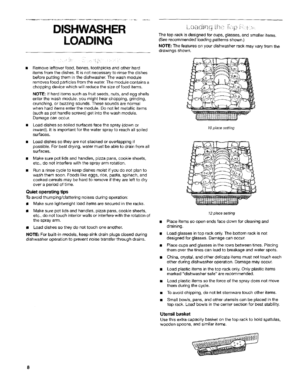 Dishwasher, Loading, Utensil basket | Dishwasher loading | Kenmore 665.16714 User Manual | Page 8 / 19