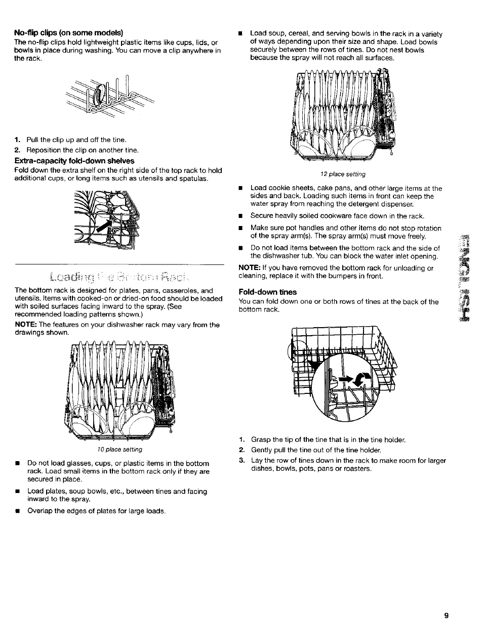 No-flip clips (on some models), Fold-down tines | Kenmore 665.16714 User Manual | Page 9 / 19