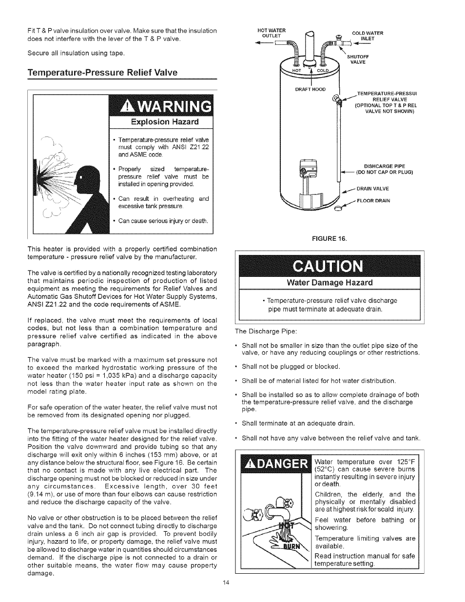 Temperature-pressure relief valve, Temperature pressure relief valve -14, Caution | Adanger, Arning, Explosion hazard, Water damage hazard | Kenmore 153.33443 User Manual | Page 14 / 32