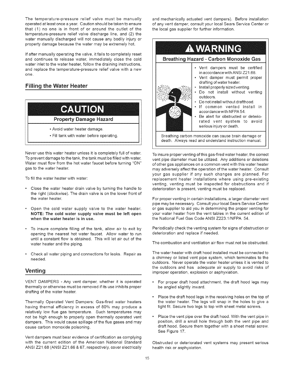 Filling the water heater, Caution, Warning | Venting, Removing the old water heater, Venting -15, Property damage hazard, Breathing hazard - carbon monoxide gas | Kenmore 153.33443 User Manual | Page 15 / 32