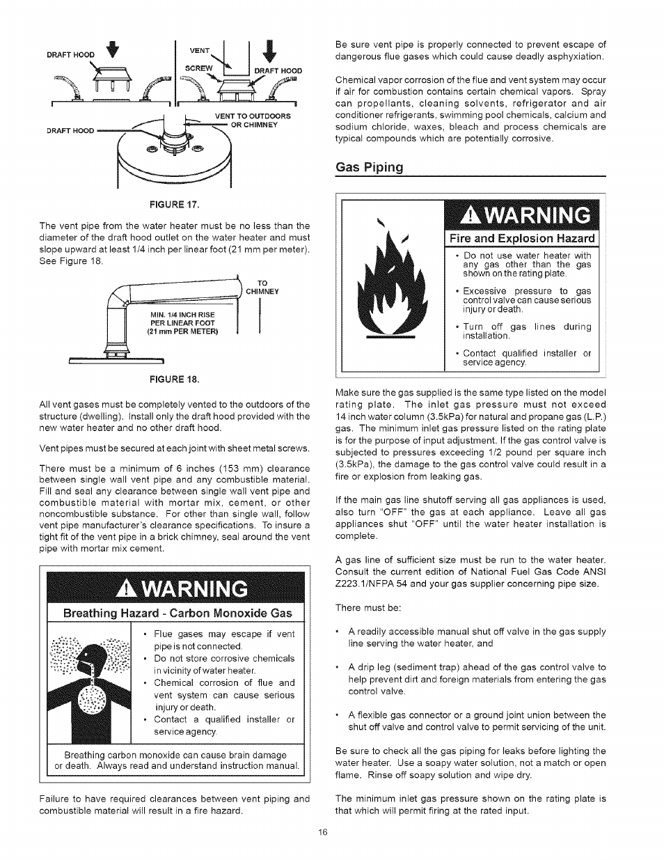 Gas piping, Wafer piping -13, Awarning | Breathing hazard - carbon monoxide gas, Fire and explosion hazard | Kenmore 153.33443 User Manual | Page 16 / 32