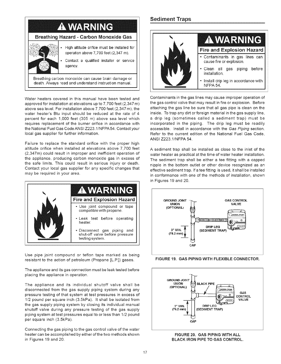 Warning, Sediment traps, Awarning | Sediment trap -17, Breathing hazard - carbon monoxide gas, Fire and explosion hazard | Kenmore 153.33443 User Manual | Page 17 / 32