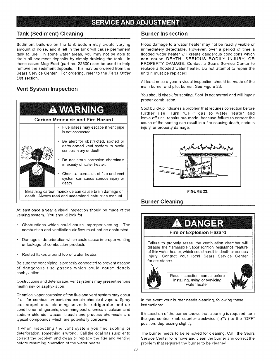 Service and adjustment, Tank (sediment) cleaning, A warning | Burner cleaning, A danger, Service and adjustment -22, Warning, Danger, Vent system inspection, Tank (sediment) cleaning burner inspection | Kenmore 153.33443 User Manual | Page 20 / 32