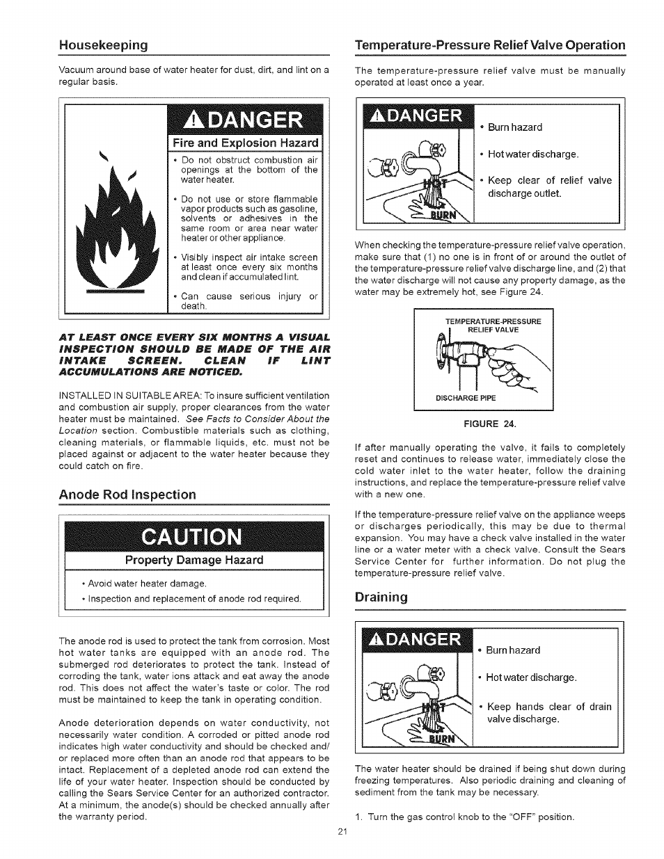 Temperature-pressure relief valve operation, Danger, Anode rod inspection | Caution, Draining, Burner inspection, Draining -22, Housekeeping | Kenmore 153.33443 User Manual | Page 21 / 32