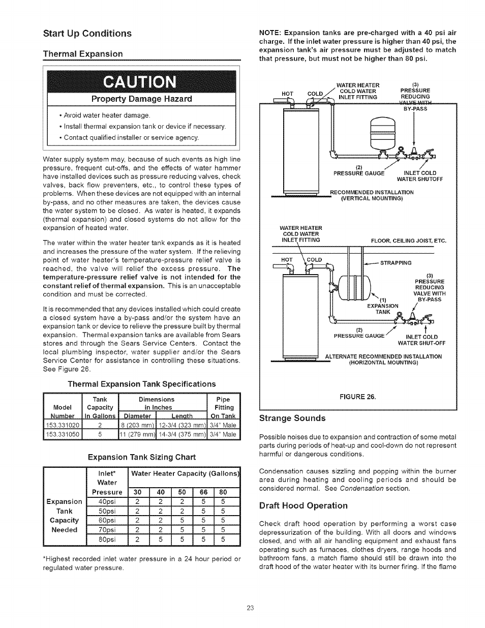 Caution, Start up conditions, Thermal expansion tank specifications | Expansion tank sizing chart, Thermal expansion, Property damage hazard, Draft hood operation | Kenmore 153.33443 User Manual | Page 23 / 32