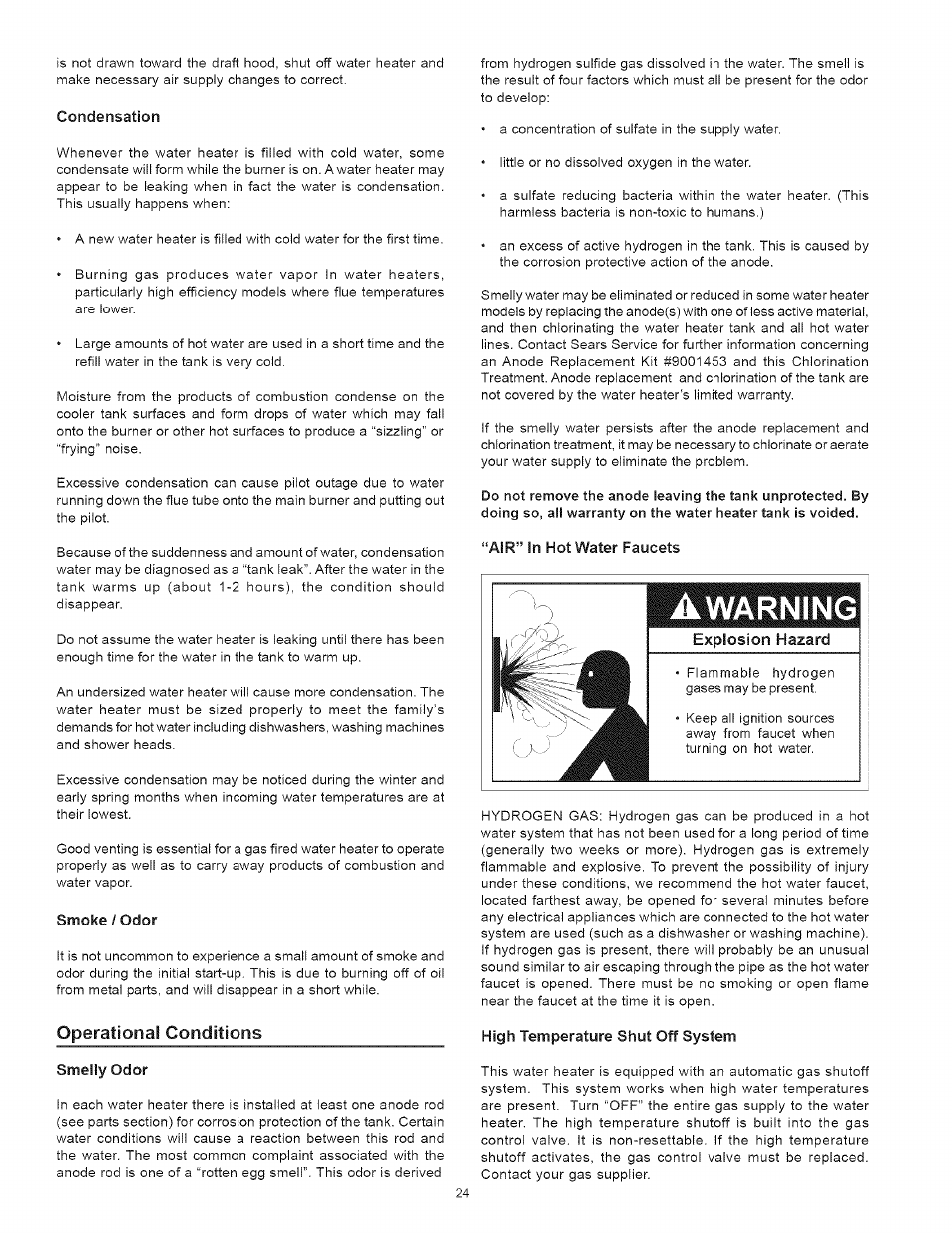 Warning, Operational, Condensation | Smoke / odor, Conditions smelly odor, Air” in hot water faucets, High temperature shut off system, Explosion hazard | Kenmore 153.33443 User Manual | Page 24 / 32