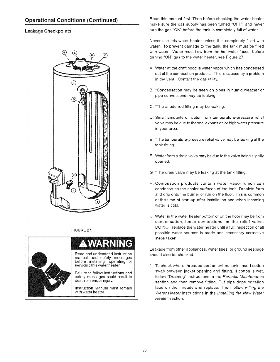 Awarning, Operational conditions (continued), Leakage checkpoints | Kenmore 153.33443 User Manual | Page 25 / 32