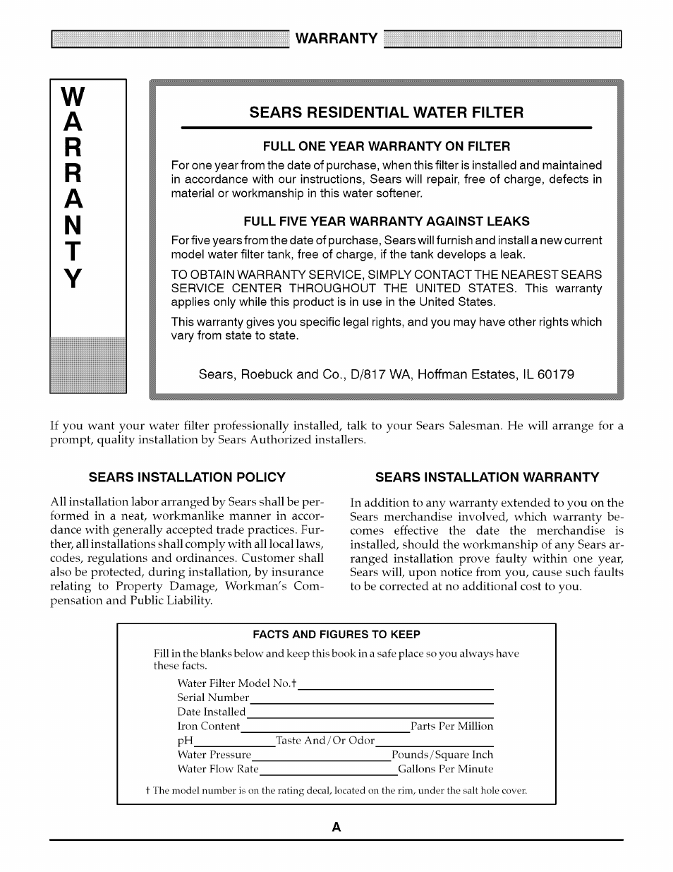 Sears residential water filter, Full one year warranty on filter, Full five year warranty against leaks | Sears installation policy, Sears installation warranty, Warranty sears residential water filter | Kenmore 625.348235 User Manual | Page 2 / 28