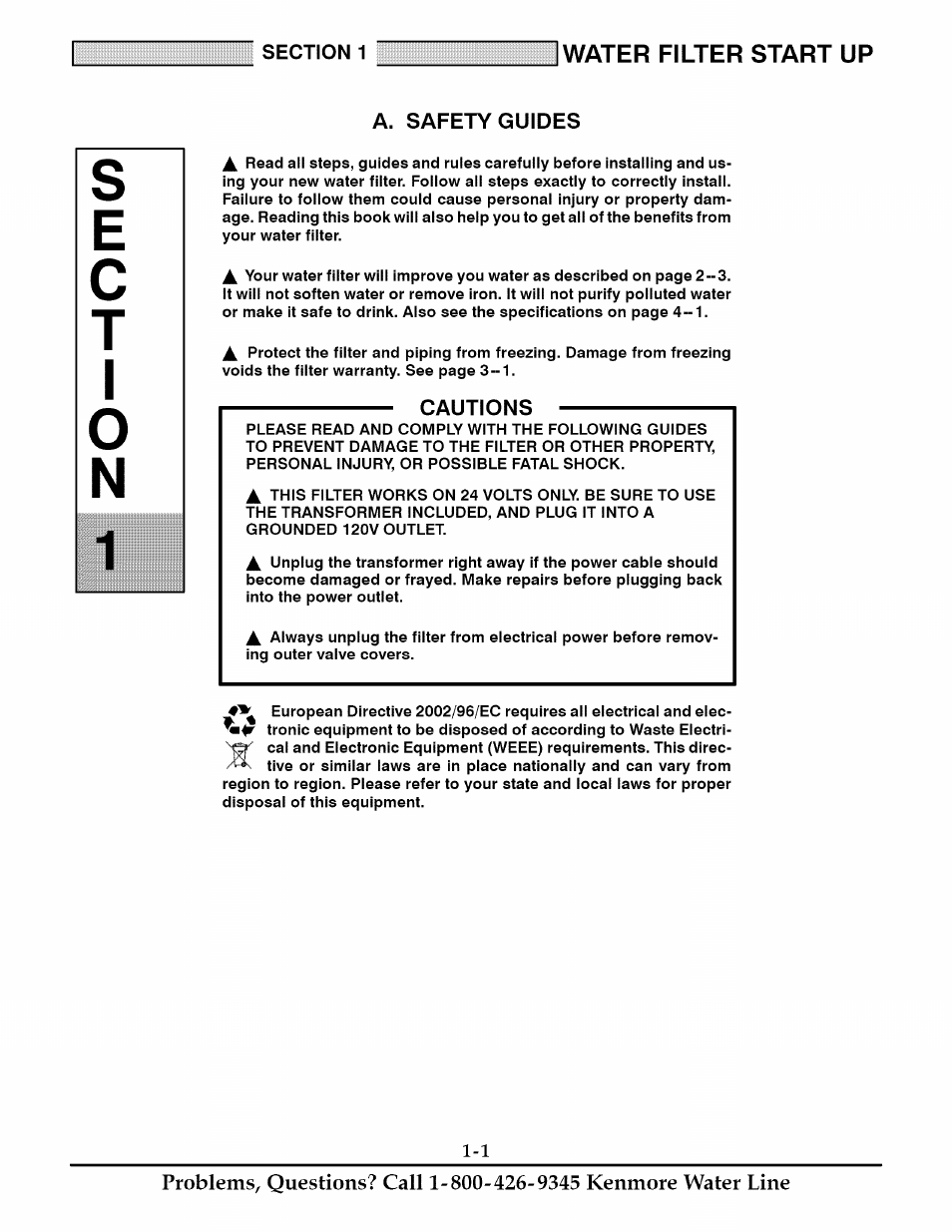 A. safety guides, Cautions, Water filter start up | Kenmore 625.348235 User Manual | Page 4 / 28