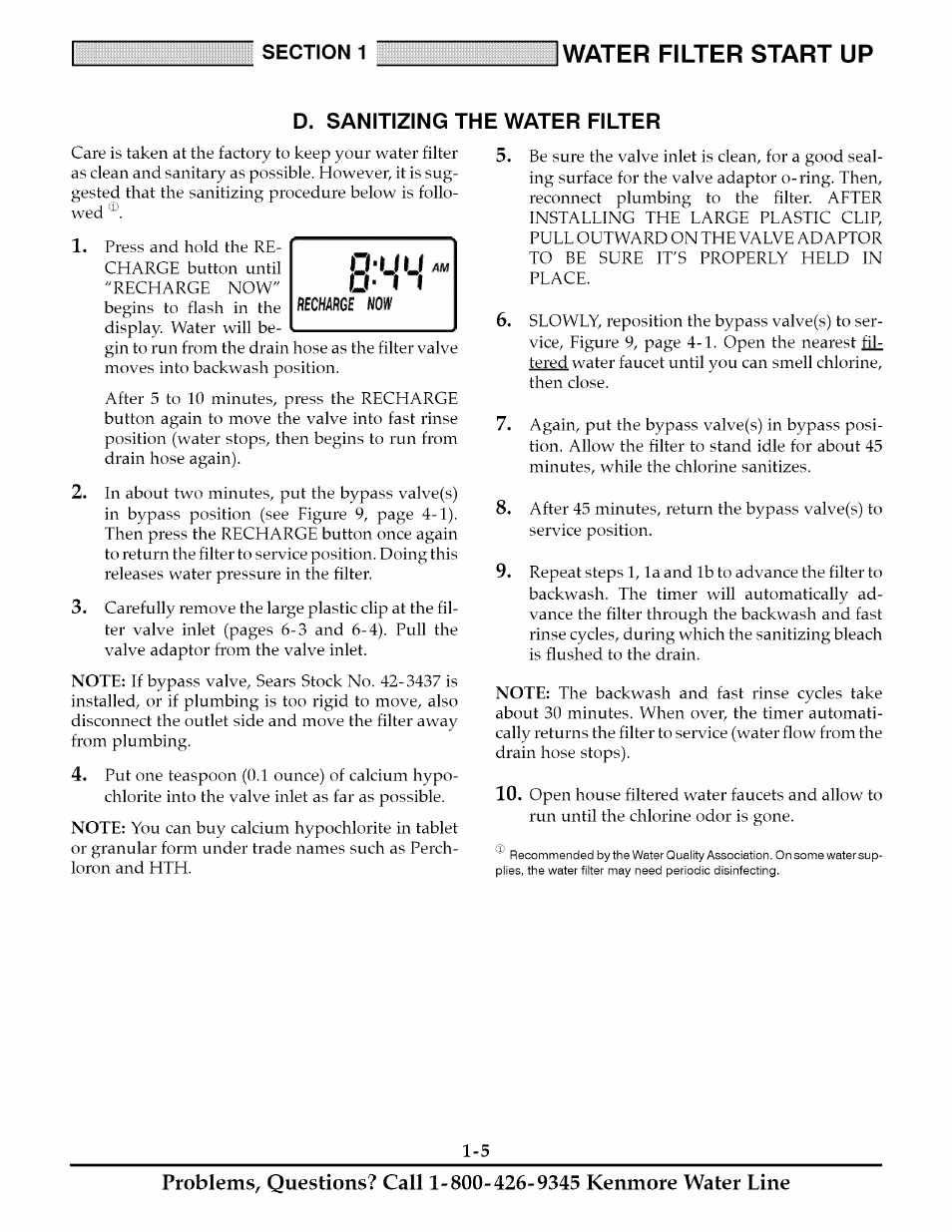 D. sanitizing the water filter, Water filter start up | Kenmore 625.348235 User Manual | Page 8 / 28