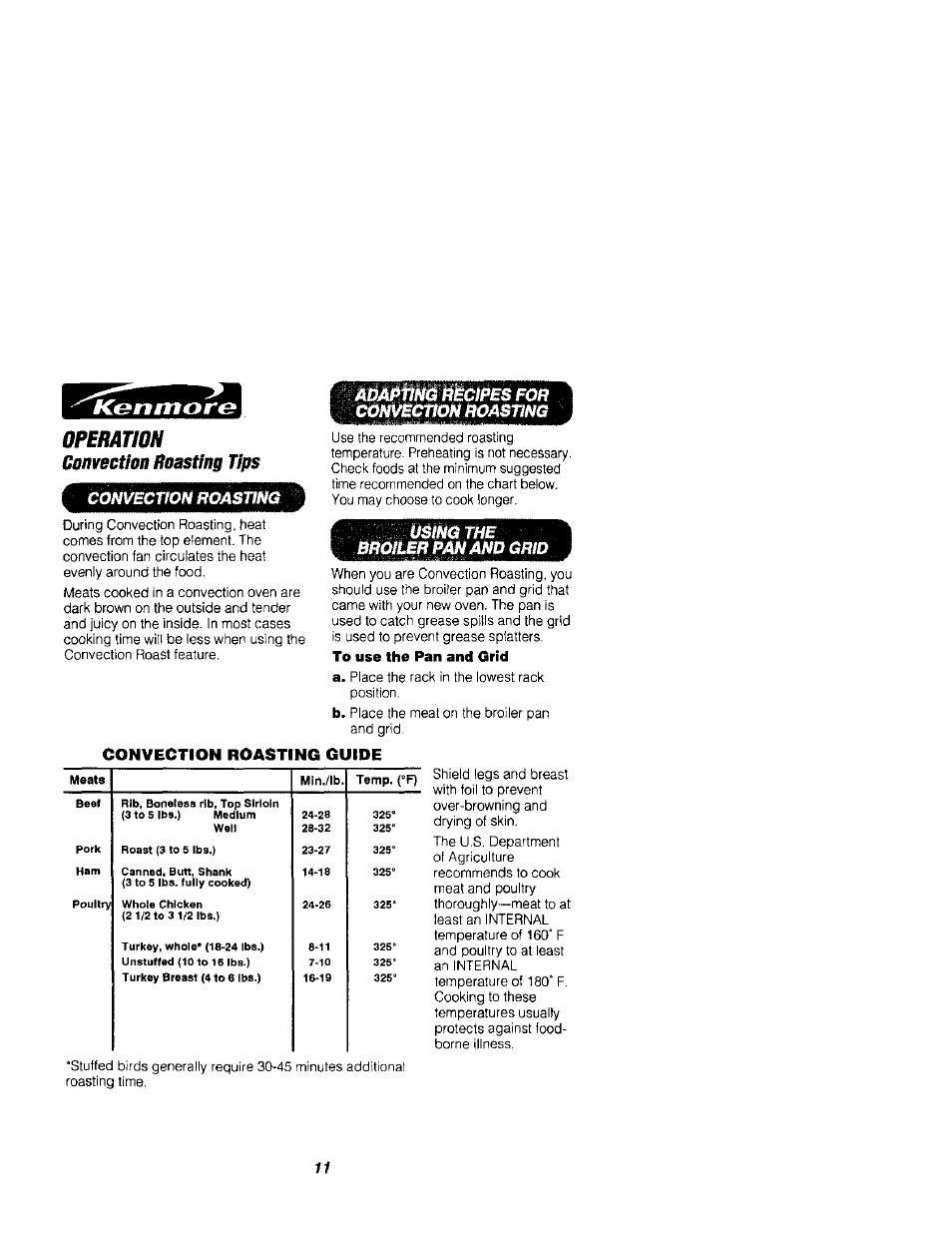 Operation, Convection roasting tips, Convection roasting guide | Kenmore 911.41789 User Manual | Page 11 / 28